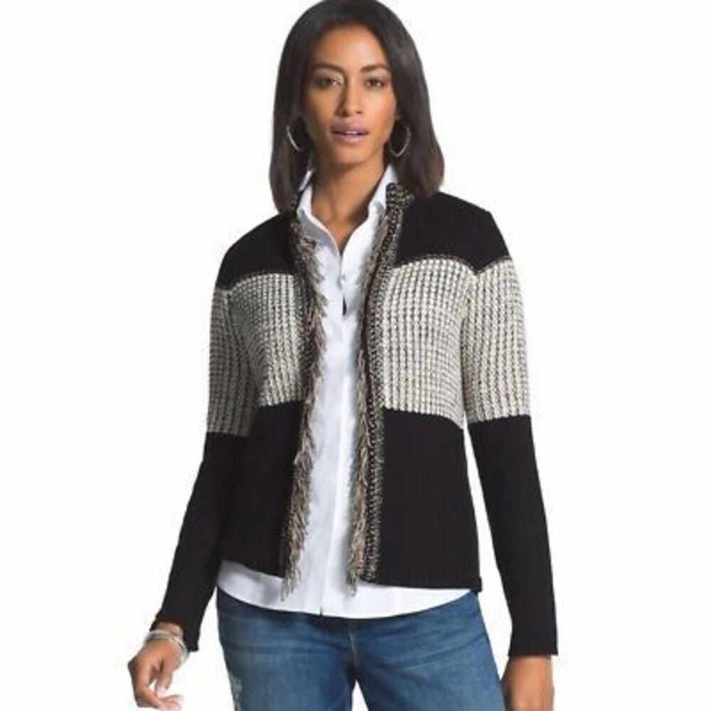 Chico's Arlene Black‎ White Taupe Fringe Cardigan Sweater Large